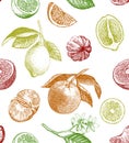 Seamless pattern with lemons, oranges and mandarins.