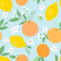 Seamless pattern with lemons and oranges, tropic fruits, leaves, flowers. Fruit repeated background. Plant template for cover, fab