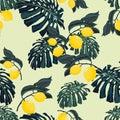 Seamless pattern with lemons and palm monstera leaves on the light background. Royalty Free Stock Photo