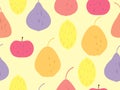 Seamless pattern with lemons, pears and apples on a yellow background. Summer fruit mix pattern. Design for printing on fabric, Royalty Free Stock Photo