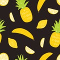 Seamless pattern with lemons, pineapples and bananas on black background. Backdrop with delicious sweet exotic organic