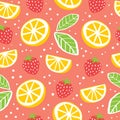 Seamless pattern with lemons and strawberries on a pink background. Juicy fruits. Endless backgrop for your design