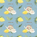 Seamless pattern with lemons and teapots. Pattern in vintage style for decor, design, prints.