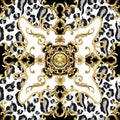 Seamless pattern with leopard skin and golden baroque elements. Vector.