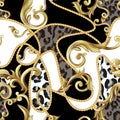 Seamless pattern with leopard skin and golden baroque elements. Vector.