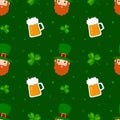 Seamless pattern with leprechaun, clover leaves and beer. Suitable for Saint Patrick\'s Day