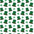 Seamless pattern of leprechaun hats and shamrocks in trendy green. St. Patricks backdrop concept