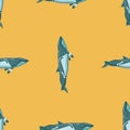 Seamless pattern lesser rorqual on yellow background. Template of cartoon character of ocean for fabric Royalty Free Stock Photo