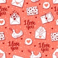 Seamless pattern with letters, hearts, dove. Vector background for Valentine`s day, wedding, birthday Royalty Free Stock Photo