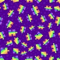 Seamless pattern lgbt rainbow puzzles on a fiolet background