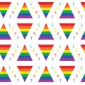 Seamless pattern with LGBT symbology. Striped multicolored triangles on white background.Endless backdrop with symbols of freedom