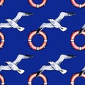 Seamless watercolor pattern with lifeline and seagull on blue background