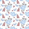 Seamless pattern of light blue watercolor teapots and teacups with red hearts and \'Tea With Love\' lettering on white