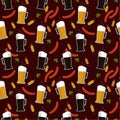 Seamless pattern: light and dark beer in a glass, barbecue and sausages on a brown background. flat vector. illustration