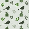 Seamless pattern on a light green background. the pattern consists of icons of a sparrow and different leaves Royalty Free Stock Photo