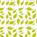 Seamless pattern light green swirling spiral leaves of different shapes on a white background