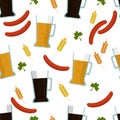 Seamless pattern: Light and light beer, sausages and clover on a white background. Background for St. Patrick`s Day.