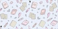 Seamless pattern with light pink and beige school supplies and office stationary on a blue notebook sheet in a cell Royalty Free Stock Photo