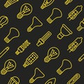 Seamless pattern with lightbulb flat line yellow icon on black background.