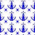 Seamless pattern with Lighthouse in Dutch tile style blue Royalty Free Stock Photo