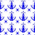 Seamless pattern with Lighthouse in Dutch tile style blue