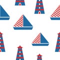 Seamless pattern with lighthouse and sail boats. Simple flat cartoon style. Geometric graphic ornament. Sea and ocean. Marine tran Royalty Free Stock Photo