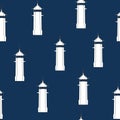 Seamless pattern lighthouse silhouette on navy blue background. Marine weather elegant repetition motif, vector eps 10