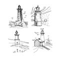 Seamless pattern with lighthouses. Graphic hand-drawn illustration. Print, textile, paper, background. Vintage, retro,