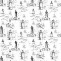 Seamless pattern of lighthouses on a white background.