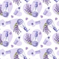 Seamless pattern lilac cosmetic lavender essential oil, dispenser bottle in heart. Hand draw watercolor illustration