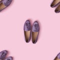 Seamless pattern of lilac suede mocassin shoes over pink background