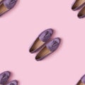 Seamless pattern of lilac suede mocassin shoes over pink background