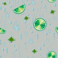 Seamless pattern with lime, ice cubes and mint leaves Bright citrus background. mojito from limes. Soda drink Royalty Free Stock Photo