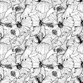 Seamless pattern with line art monochrome hibiscus flowers, buds and leaves, with black outline Royalty Free Stock Photo