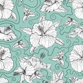 Seamless pattern with line art monochrome hibiscus flowers, buds and leaves, with black outline. On turquoise background Royalty Free Stock Photo