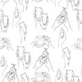 Seamless pattern in line art style with the image of hands holding tubes and cans. The minimalistic design Royalty Free Stock Photo