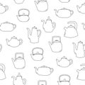 Seamless pattern of line art teapot. Black objects on white background. Kitchen utensil. Doodle style. Royalty Free Stock Photo