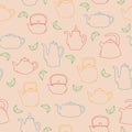 Seamless pattern of line art teapot and leaves. Colorful objects on pink background. Kitchen utensil. Doodle style. Royalty Free Stock Photo