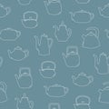 Seamless pattern of line art teapot. White objects on blue background. Kitchen utensil. Doodle style. Royalty Free Stock Photo