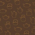 Seamless pattern of line art teapot. Yellow objects on brown background. Kitchen utensil. Doodle style. Royalty Free Stock Photo