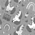 Seamless pattern line art unicorn, rainbow and boho elements, funny unicorn clipart for kids, cute magic horse animals, nursery