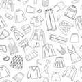 Seamless pattern with line clothes. Doodle dress, skirt, jacket, shoes, jeans.