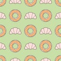 Seamless Pattern With Line Style Croissants And Donuts On Muted Retro Color Background.