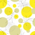 Seamless pattern with linear branches from black outlines, spirals and circles on a white background