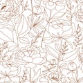 Seamless pattern of linear flowers, branch and leaves in trendy style.