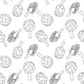 Seamless pattern with linear monochrome drawing of artichoke - fresh vegetable.