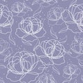 Seamless pattern with linear peony flowers from white outlines on a lilac background