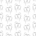 Seamless pattern with linear portrait of woman with earrings. Continuous line art. One line drawing.