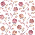 Seamless pattern with linear romantic symbols and abstract color shapes