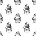 Seamless pattern, linear silhouettes of cupcakes, line art on a white background. Sweet desserts. Food background
